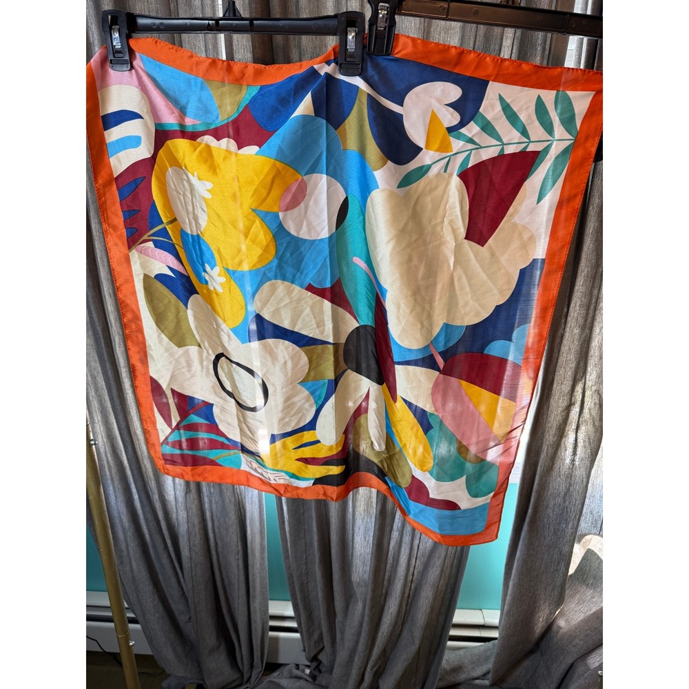 Abstract Floral Square Scarf Multicolor Satin Finish Orange Border